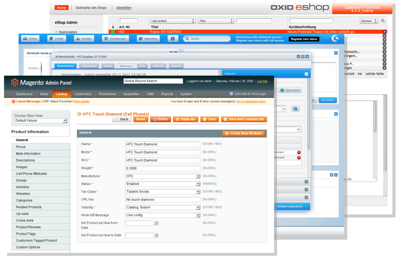 Die Backends führender Shopsysteme: Magento, Shopware, Oxyd.