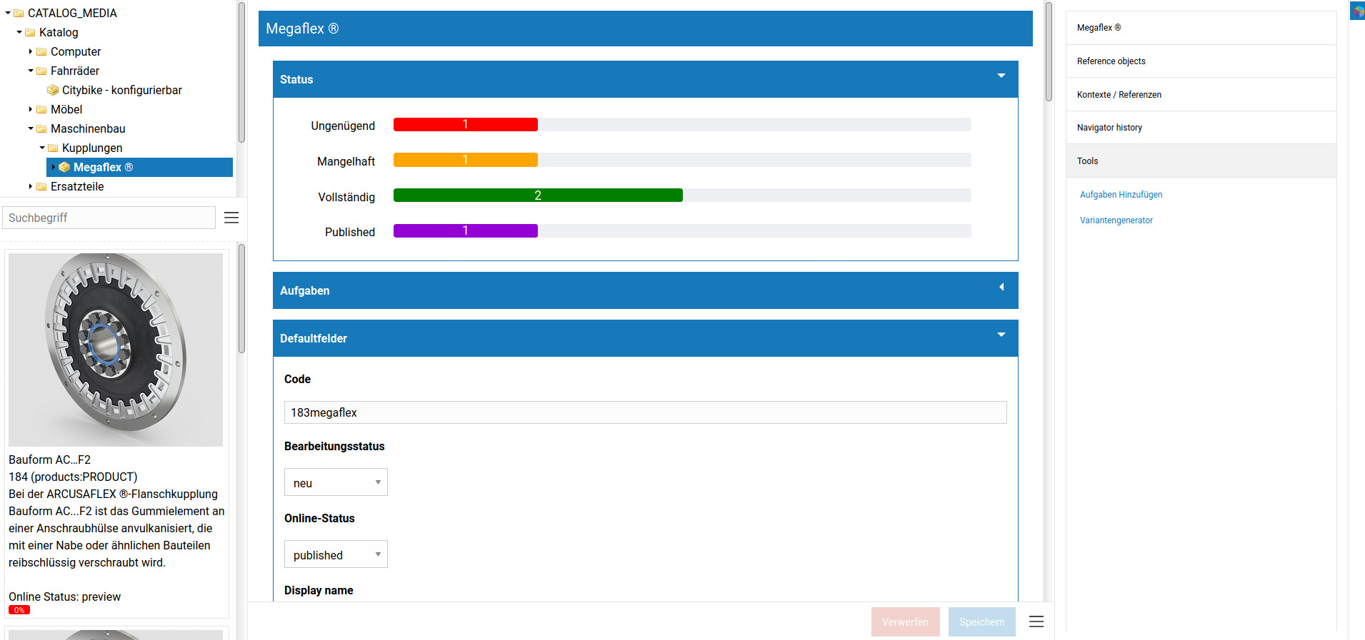 Status of a product record with traffic light chart in Alterra::PIM