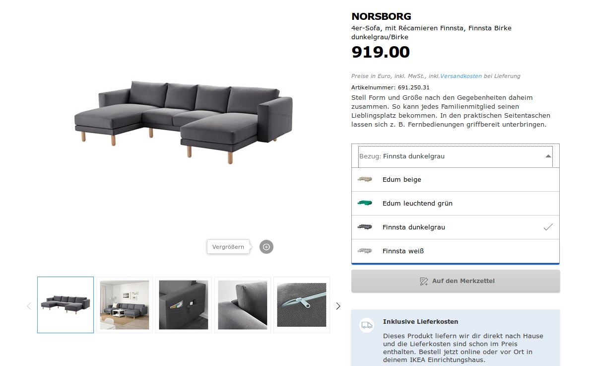 Example for a selection of simple product variants: a sofa in 4 different colors